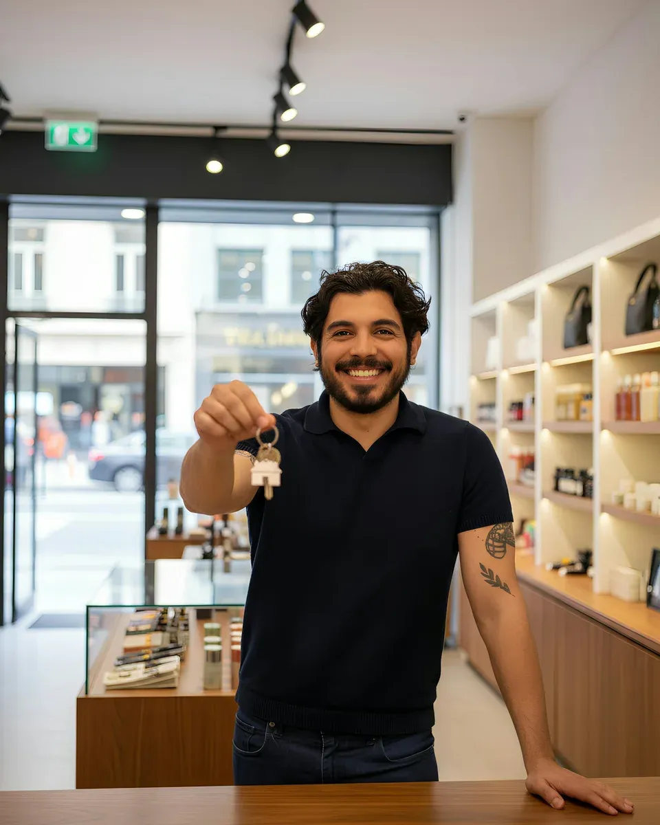 Dueño de una tienda sonriendo con las llaves del local en la mano